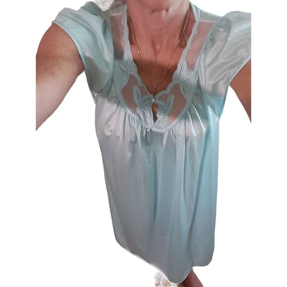 Vintage Light Blue Nightgown With Embroidered Neckline & Flutter Sleeves - Picture 11 of 11